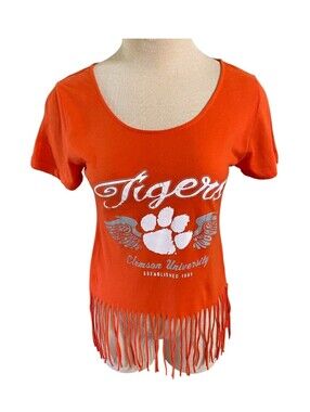 Clemson Tigers Women's Fringe Hem Orange Graphic Tee Size L NCAA Tailgate